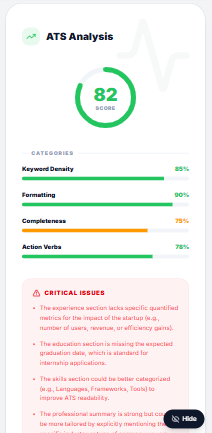 AttachCV ATS score dashboard with diagnostic feedback