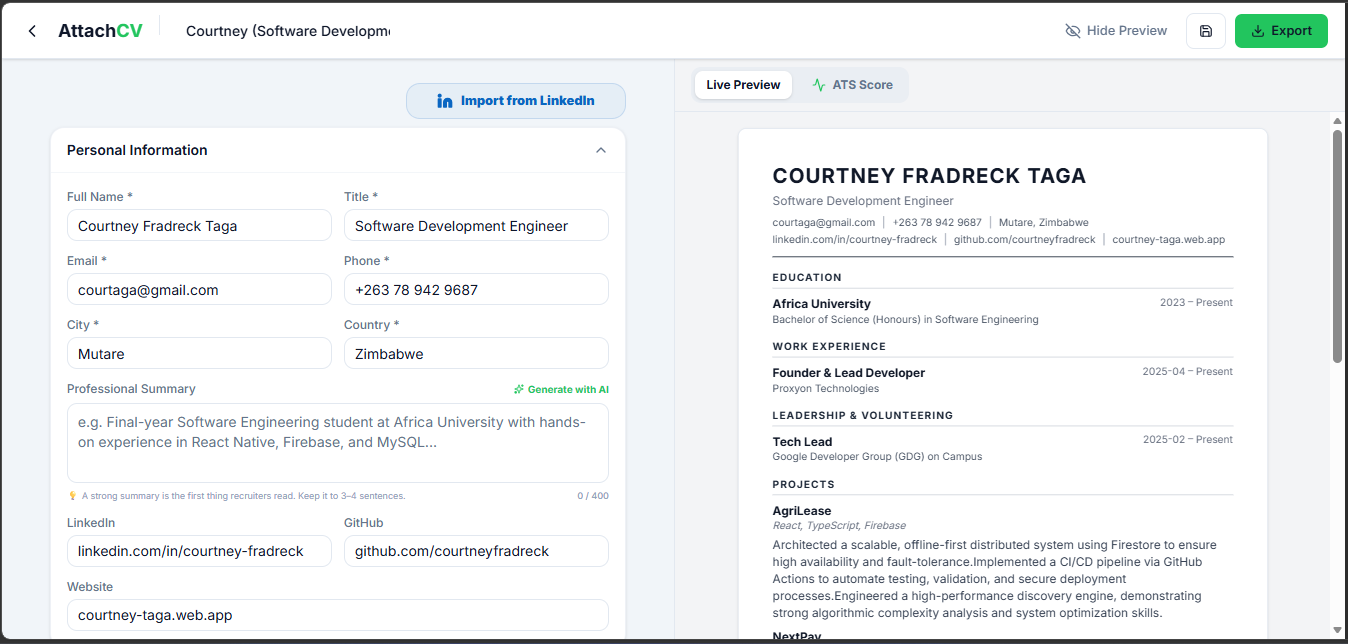 AttachCV ATS-friendly CV builder interface