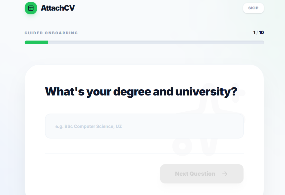 AttachCV onboarding interview for discovering student experience