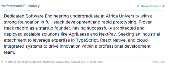 AttachCV AI-generated profile summary section